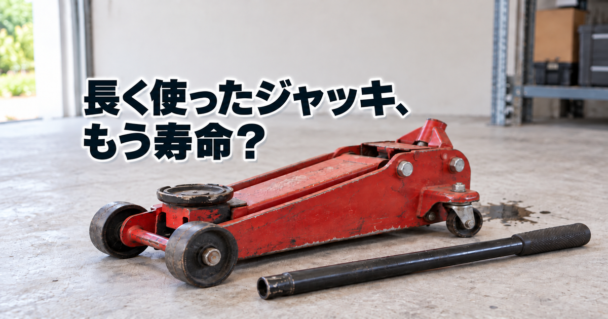 油圧ジャッキと床の油の跡。「長く使ったジャッキ、もう寿命？」の文字入りイメージ画像